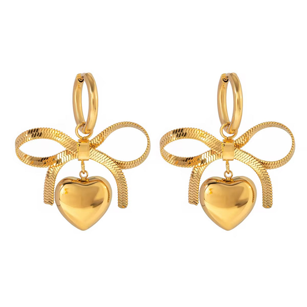 Bow Chain Heart Pendant Earrings