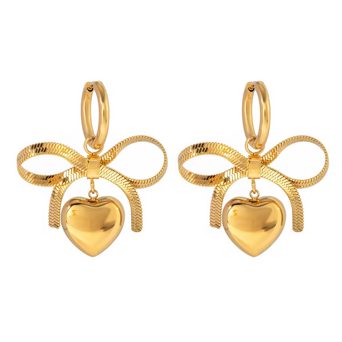 Bow Chain Heart Pendant Earrings